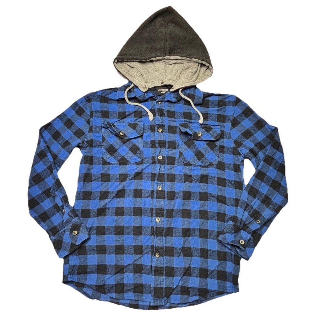 Gioberti Hooded Flannel Shirt Mens Small Blue Black Buffalo Plaid Detachable